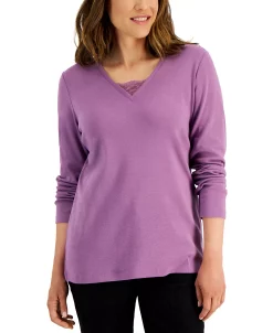 Karen Scott Women's Long Sleeve Lace Inset V-Neck, Created For Macy's -Anne Klein Sales Store 21769048 fpx