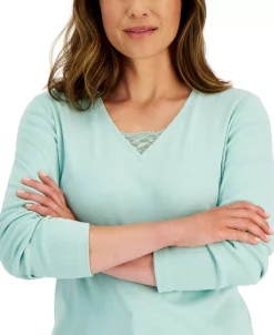 Karen Scott Women's Long Sleeve Lace Inset V-Neck, Created For Macy's -Anne Klein Sales Store 21769054 fpx