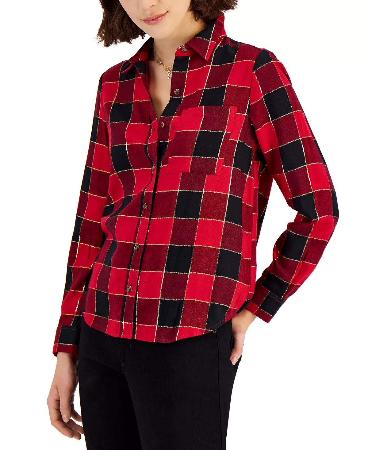 Style & Co Women's Shine Plaid Perfect Shirt, Created For Macy's 1 Style & Co Women's Shine Plaid Perfect Shirt, Created For Macy's