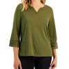 Karen Scott Women's Ladder Trim 3/4-Sleeve Split-Neck Top, Created For Macy's