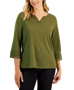 Karen Scott Women's Ladder Trim 3/4-Sleeve Split-Neck Top, Created For Macy's