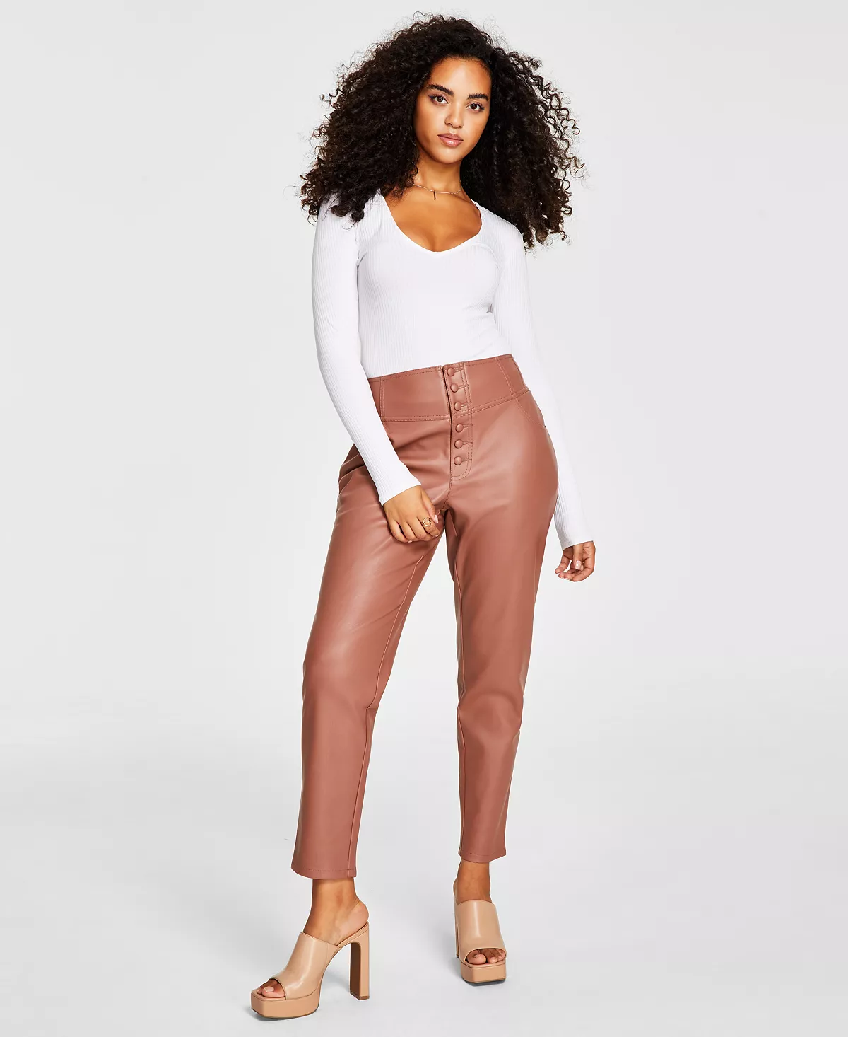Bar III Women's Faux-Leather Button-Fly Ankle Pants, Created For Macy's 1 Bar III Women's Faux-Leather Button-Fly Ankle Pants, Created For Macy's