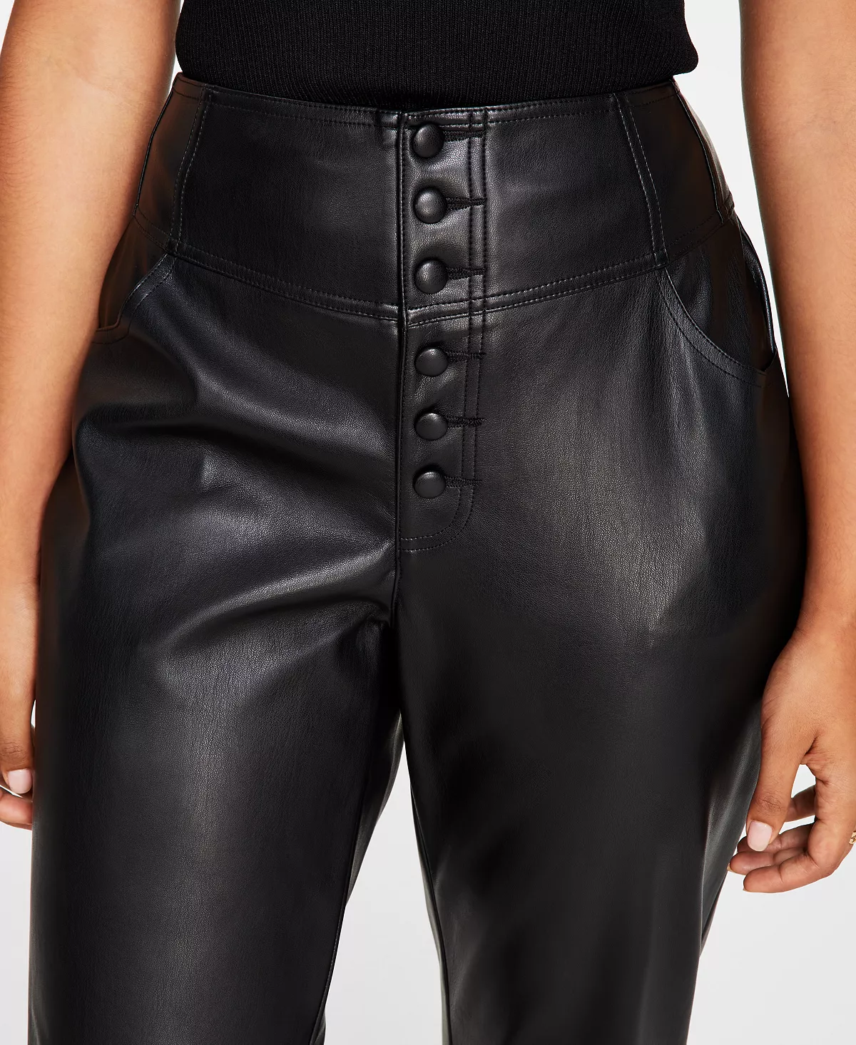 Bar III Women's Faux-Leather Button-Fly Ankle Pants, Created For Macy's 2 Bar III Women's Faux-Leather Button-Fly Ankle Pants, Created For Macy's - Image 2