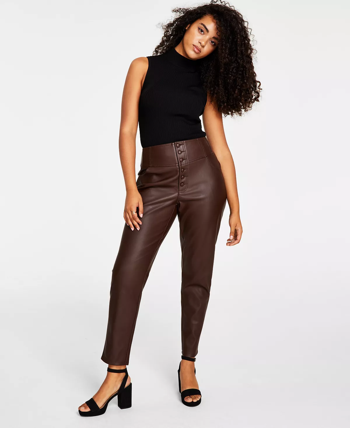 Bar III Women's Faux-Leather Button-Fly Ankle Pants, Created For Macy's 3 Bar III Women's Faux-Leather Button-Fly Ankle Pants, Created For Macy's - Image 3
