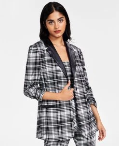 Bar III Women’s Plaid-Print Faux-Leather-Trim Blazer, Created For Macy’s