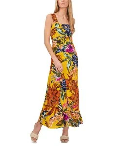Vince Camuto Women's Printed Tiered Smocked-Back Challis Maxi Dress