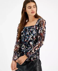 Bar III Women's Square Neck Marble Mesh Top, Created For Macy's -Anne Klein Sales Store 21951364 fpx
