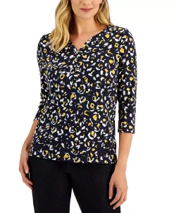 Karen Scott Women's Leopard-Print 3/4-Sleeve Henley Top, Created For Macy's -Anne Klein Sales Store 21951519 fpx