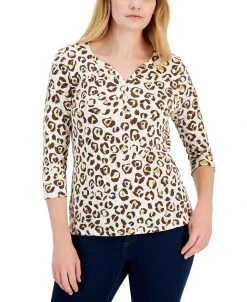 Karen Scott Women's Leopard-Print 3/4-Sleeve Henley Top, Created For Macy's