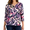 Karen Scott Women's Gestural Floral-Print 3/4-Sleeve Henley Top, Created For Macy's