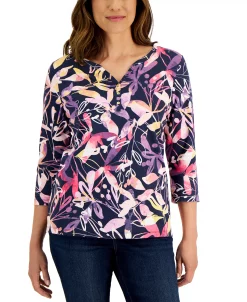 Karen Scott Women's Gestural Floral-Print 3/4-Sleeve Henley Top, Created For Macy's