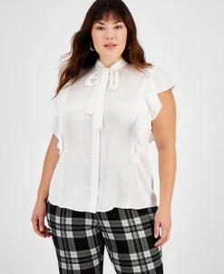 Bar III Plus Size Tie-Neck Ruffle-Sleeve Blouse, Created For Macy's