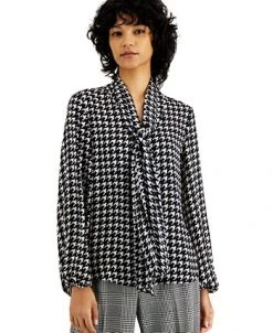 Bar III Women's Houndstooth Printed Long Sleeve Blouse, Created For Macy's -Anne Klein Sales Store 21971422 fpx