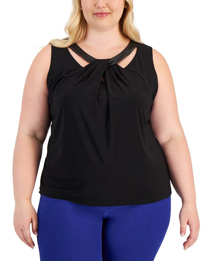 Kasper Plus Size Faux-Leather-Trim Twisted Top 1 Kasper Plus Size Faux-Leather-Trim Twisted Top