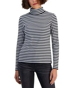 Style & Co Women's Striped Ribbed Turtleneck Top, Created For Macy's