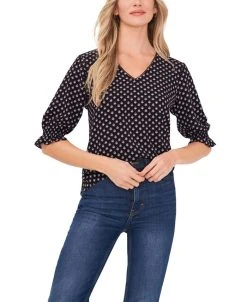 CeCe Women's Printed V-neck Blouse With Trim