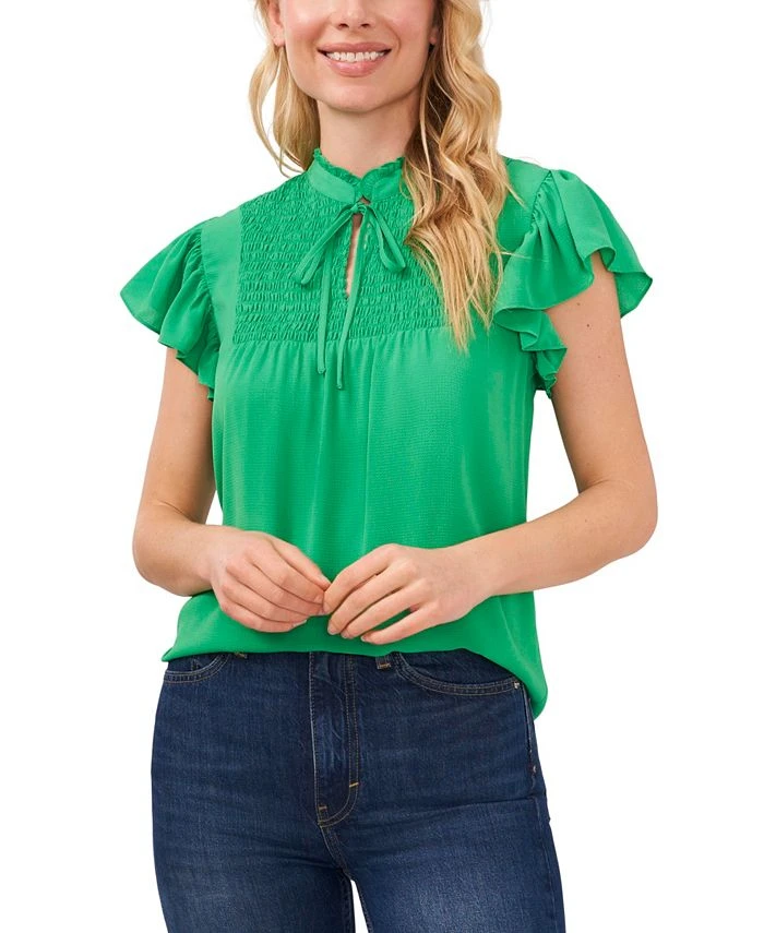 CeCe Women's Smocked Tie Neck Flutter Sleeve Blouse 1 CeCe Women's Smocked Tie Neck Flutter Sleeve Blouse