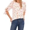 CeCe Women's Coastal Floral Tie Sleeve Blouse
