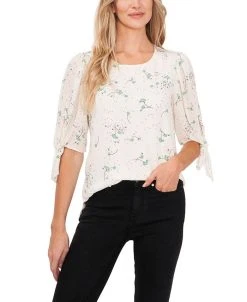 CeCe Women's Floral Cascades Dot Tie Sleeve Blouse