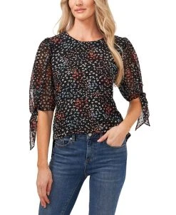 CeCe Women's Printed Clip Dot Tie Sleeve Blouse