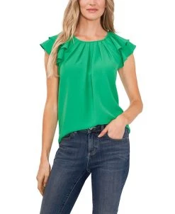 CeCe Women's Pleat Front Flutter Sleeve Blouse