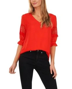 CeCe Women's Lace Trim Sleeve Blouse