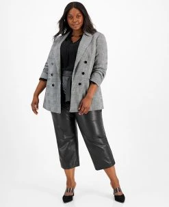 Bar III Plus Size Plaid Double-Breasted Blazer, Ruffle Tie-Neck Blouse, & Faux Leather Tie Waist Pants, Created For Macy's