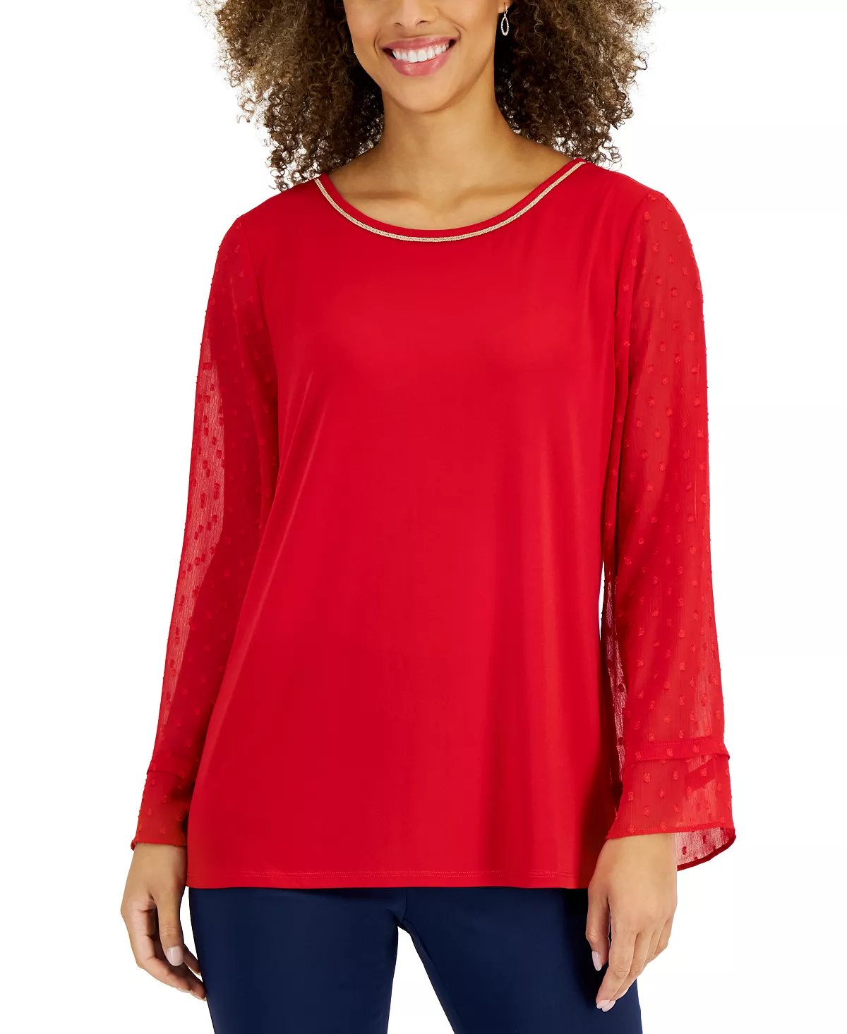 JM Collection Women's Sequin-Neck Sheer-Sleeve Top, Created For Macy's 1 JM Collection Women's Sequin-Neck Sheer-Sleeve Top, Created For Macy's