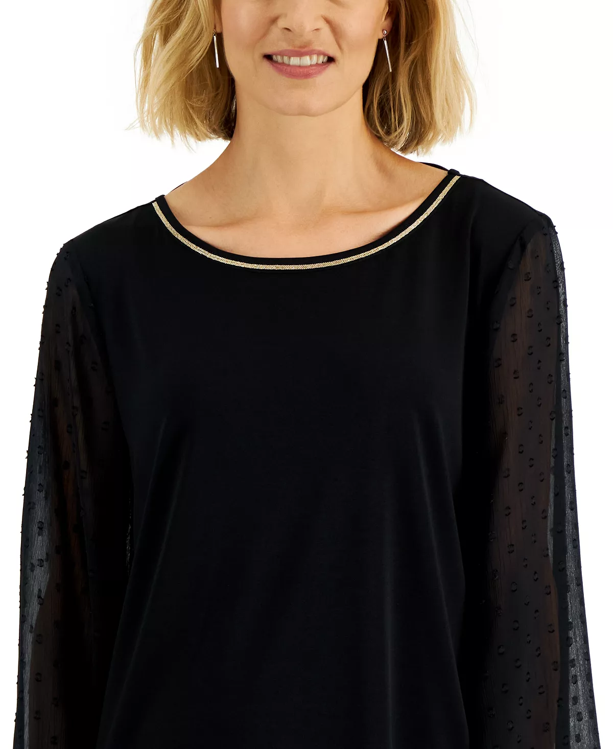 JM Collection Women's Sequin-Neck Sheer-Sleeve Top, Created For Macy's 2 JM Collection Women's Sequin-Neck Sheer-Sleeve Top, Created For Macy's - Image 2