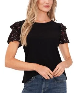 CeCe Women's Ruffled-Sleeve Mixed-Media Knit Top