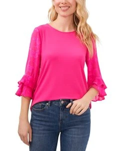 CeCe Women's Mixed-Media Ruffled-Sleeve Knit Top