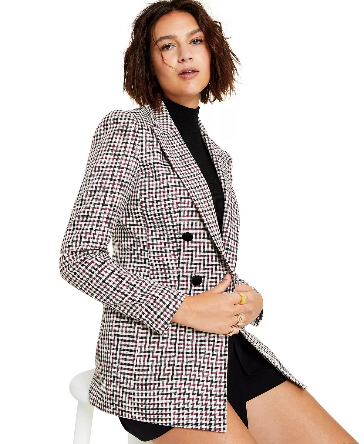 Bar III Women's Mini-Check-Print Faux-Double-Breasted Jacket, Created For Macy's 7 Bar III Women's Mini-Check-Print Faux-Double-Breasted Jacket, Created For Macy's - Image 7