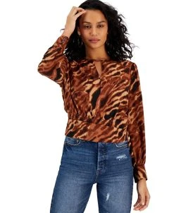 Bar III Women's Animal-Print Keyhole Blouse, Created For Macy's