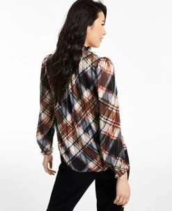 Bar III Women's Plaid Long-Sleeve Ruffled Tie-Neck Blouse, Created For Macy's -Anne Klein Sales Store 22171008 fpx