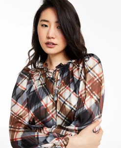 Bar III Women's Plaid Long-Sleeve Ruffled Tie-Neck Blouse, Created For Macy's -Anne Klein Sales Store 22171015 fpx
