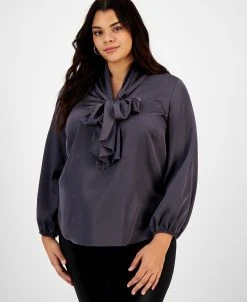 Bar III Plus Size Bow-Tie Long-Sleeve Blouse, Created For Macy's
