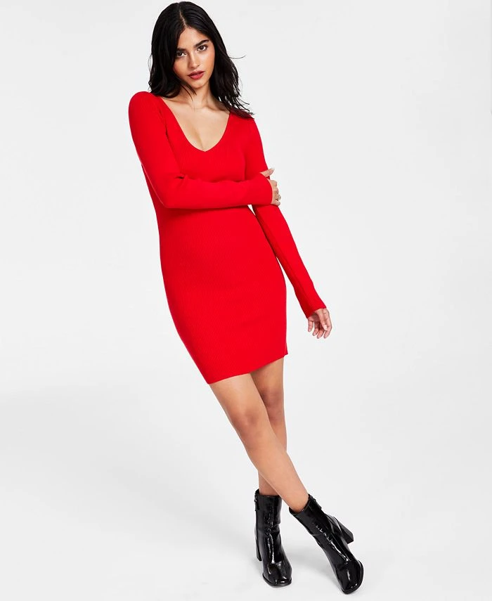 Bar III Women’s Ribbed V-Neck Sweater Dress, Created For Macy’s 1 Bar III Women’s Ribbed V-Neck Sweater Dress, Created For Macy’s