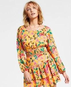 Bar III Women's Printed Long-Sleeve Scoop-Neck Top, Created For Macy's -Anne Klein Sales Store 22180464 fpx