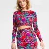 Bar III Women's Printed Long-Sleeve Twist-Front Crop Top, Created For Macy's