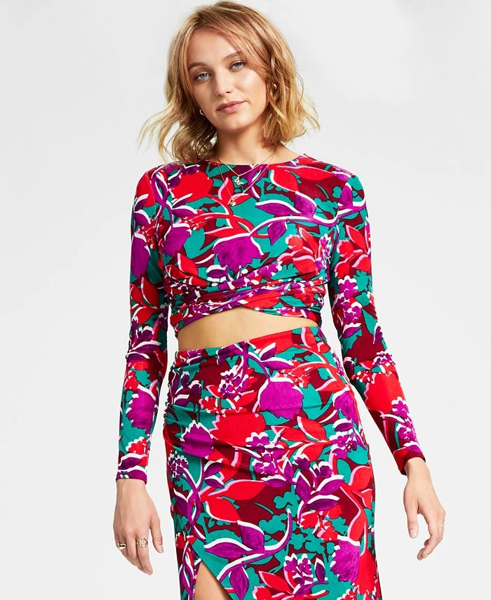 Bar III Women's Printed Long-Sleeve Twist-Front Crop Top, Created For Macy's 1 Bar III Women's Printed Long-Sleeve Twist-Front Crop Top, Created For Macy's