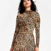 Bar III Women's Animal-Print Mock-Neck Long-Sleeve Crop Top, Created For Macy's