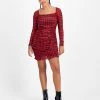 Bar III Women's Checkered Square-Neck Mesh-Overlay Ruched Mini Dress, Created For Macy's