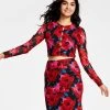 Bar III Women's Floral-Print Cutout Mesh-Sleeve Crop Top, Created For Macy's