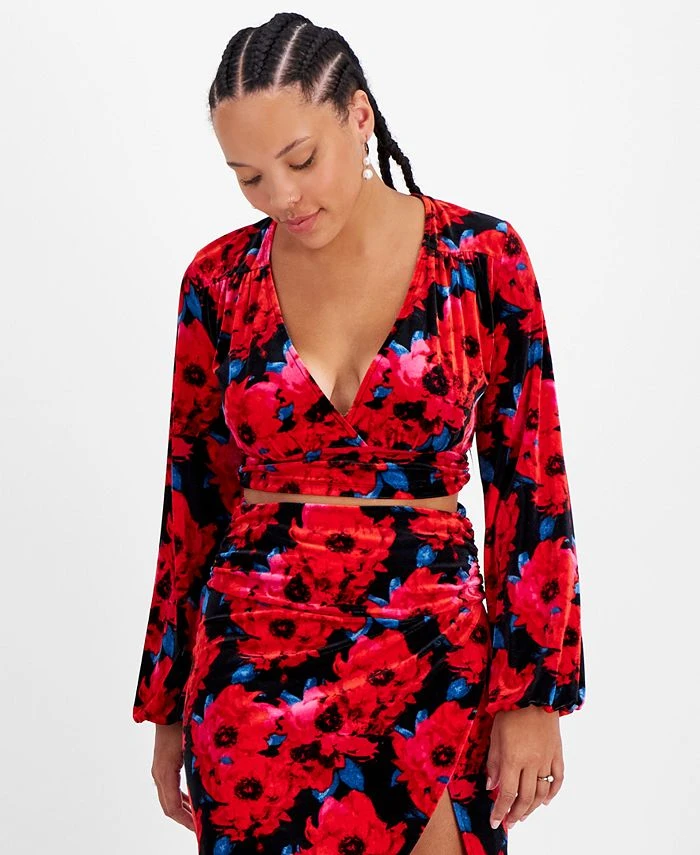 Bar III Women's Floral-Print Cropped Velvet Top, Created For Macy's 1 Bar III Women's Floral-Print Cropped Velvet Top, Created For Macy's