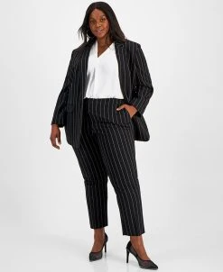Bar III Plus Size Pinstripe One-Button Blazer, Blouse, & Pinstripe Straight Ankle Pants, Created For Macy's