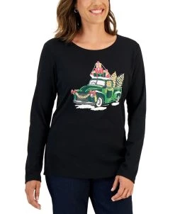 Karen Scott Women's Long-Sleeve Holiday Top, Created For Macy's