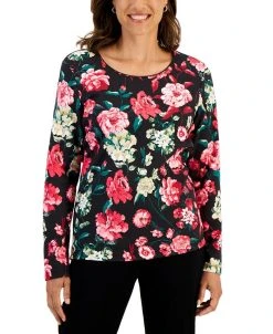 Karen Scott Women's Long-Sleeve Rose Print Top, Created For Macy's