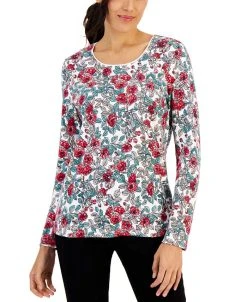 Karen Scott Women's-Long Sleeve Floral-Print Top, Created For Macy's