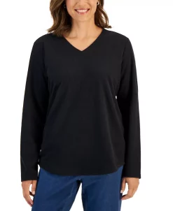 Karen Scott Women's Textured Microfleece V-Neck Top, Created For Macy's -Anne Klein Sales Store 22220929 fpx