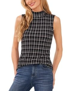 CeCe Women's Plaid Sleeveless Knit Mock Neck Top